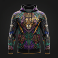 TITAN women's zip-up hoodie features a lion with a crown, winged warriors, lightning bolts, and roses in vibrant hues.