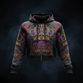 Black women’s zip-up crop hoodie featuring a gold royal crown, red roses, and "Crown Edition" text on dark background.