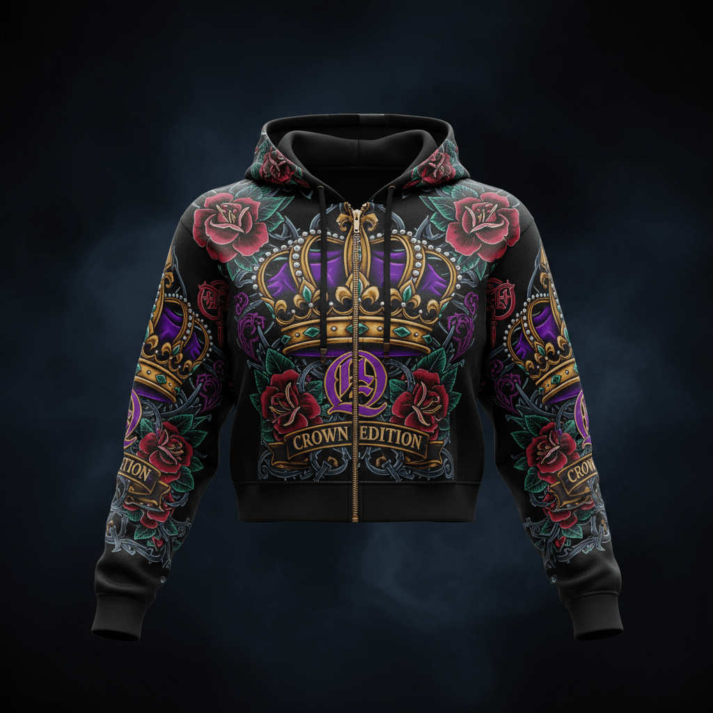 Black women’s zip-up crop hoodie featuring a gold royal crown, red roses, and "Crown Edition" text on dark background.