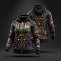 TITAN black zip-up hoodie featuring gold crowns, roaring lion, purple flowers, and banners with "TITAN" branding.
