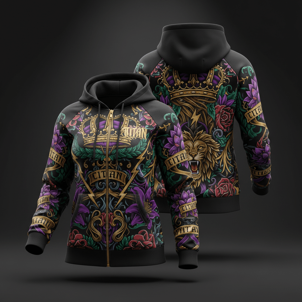 TITAN black zip-up hoodie featuring gold crowns, roaring lion, purple flowers, and banners with "TITAN" branding.