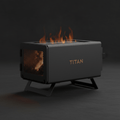 Matte black TITAN Crown Edition wood-burning stove with golden logo, metal mesh sides, and glowing internal fire.