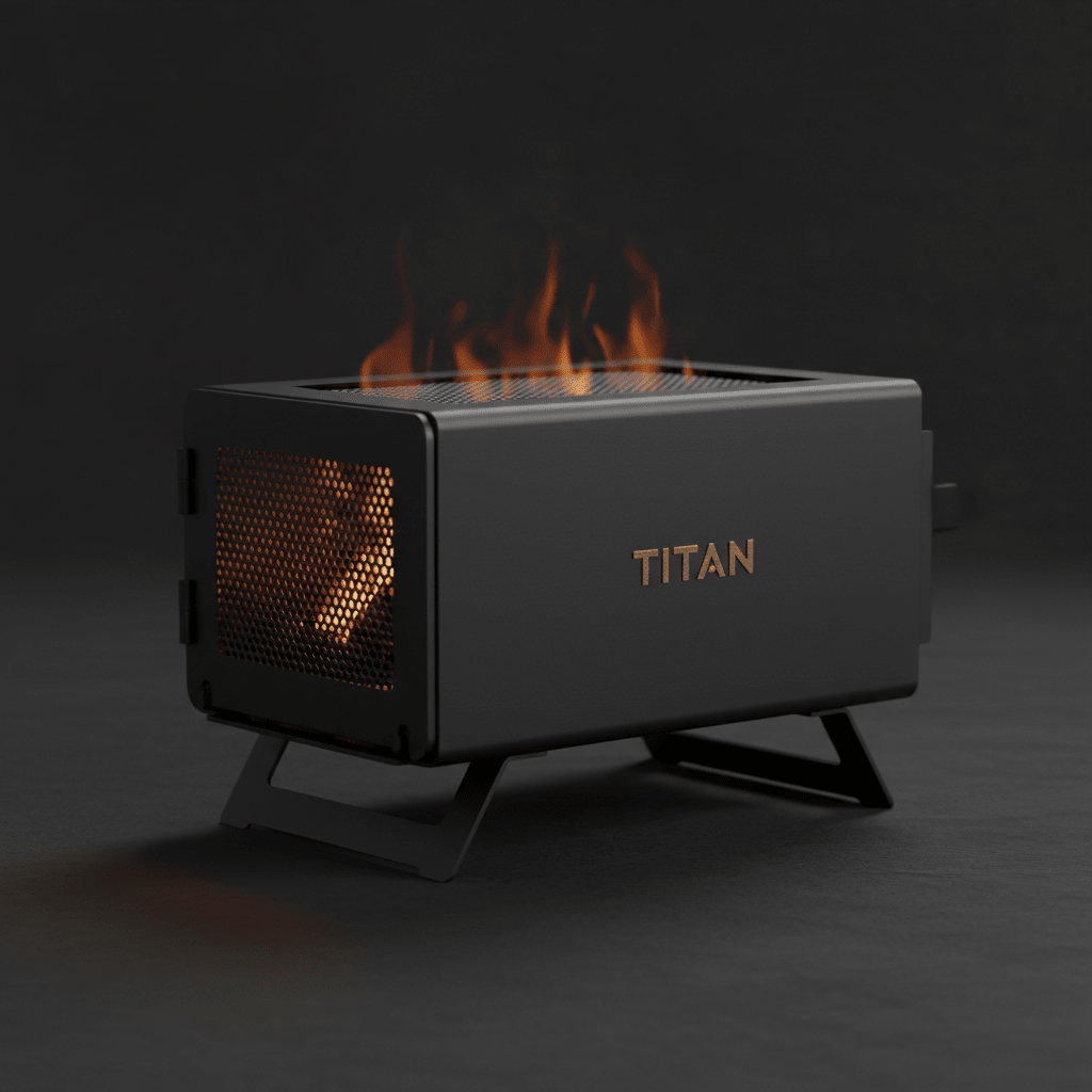 Matte black TITAN Crown Edition wood-burning stove with golden logo, metal mesh sides, and glowing internal fire.