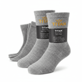 TITAN 2-pack gray crew wool socks featuring ribbed cuffs with gold logo branding and informative black product band.