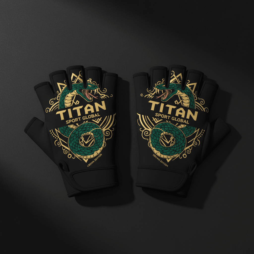 Black fingerless lifting gloves featuring a green coiled snake graphic, gold ornate detailing, and Titan branding.
