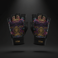 Black TITAN workout gloves with gold lion, crown, and barbell graphics, purple accents, and adjustable wrist straps.