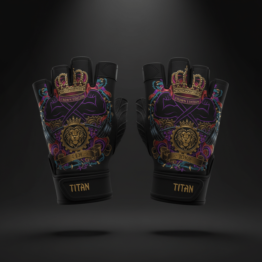Black TITAN workout gloves with gold lion, crown, and barbell graphics, purple accents, and adjustable wrist straps.