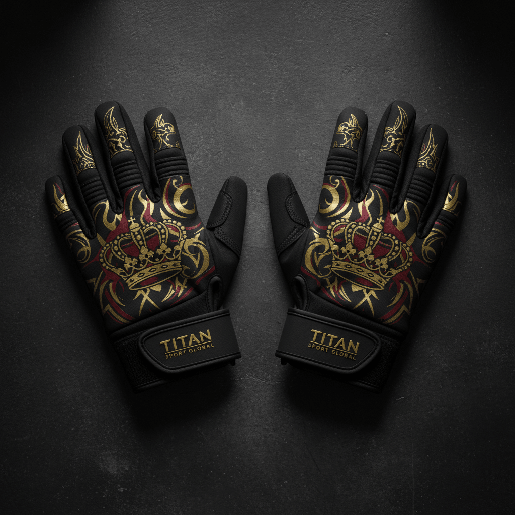 Black TITAN workout gloves with gold crown and tribal graphics, red accents, and adjustable branded wrist straps.