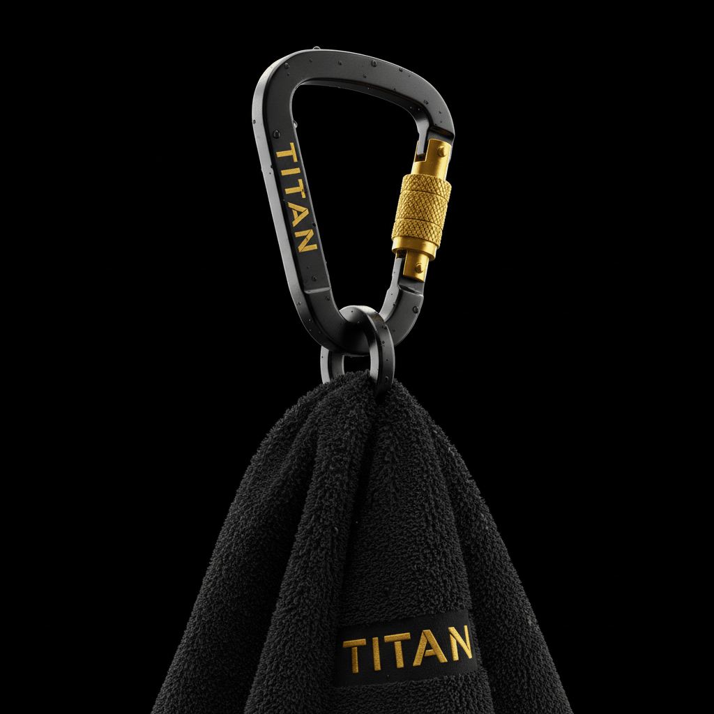 Black TITAN workout towel hanging from a matte black carabiner with gold branding and a textured gold locking nut.