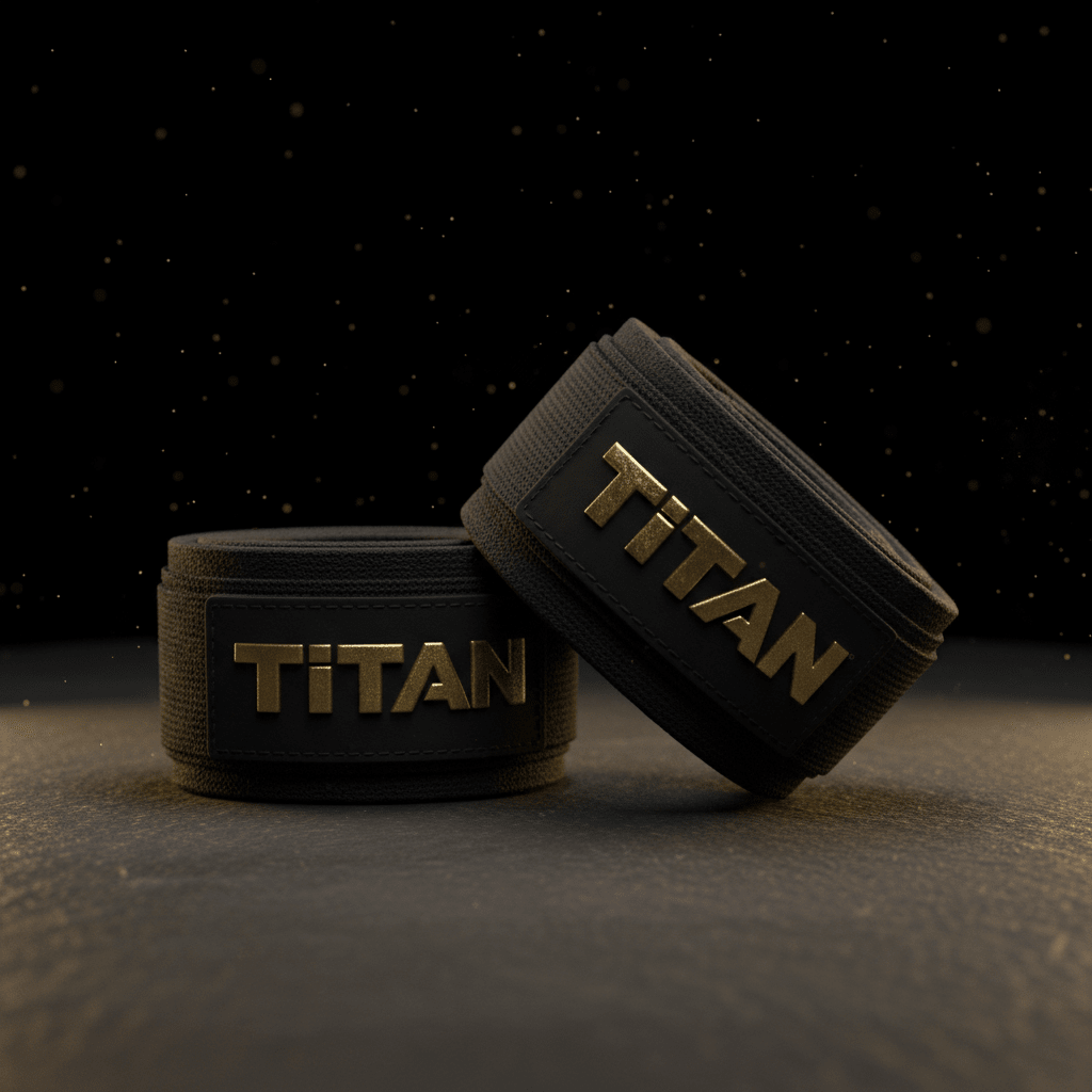 Two black heavy-duty wrist wraps with a textured finish, featuring prominent metallic gold "TITAN" branding.