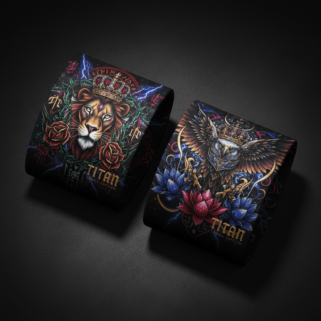 TITAN Crown Edition wristbands with intricate, vibrant lion and eagle designs featuring gold crowns on a black background.
