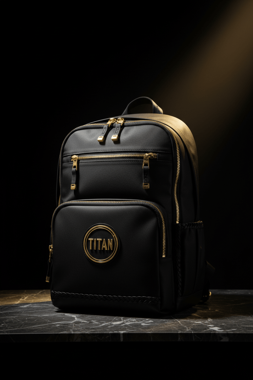 Black TITAN Elite performance backpack with gold zippers and circular gold logo, set on a dark marble surface.