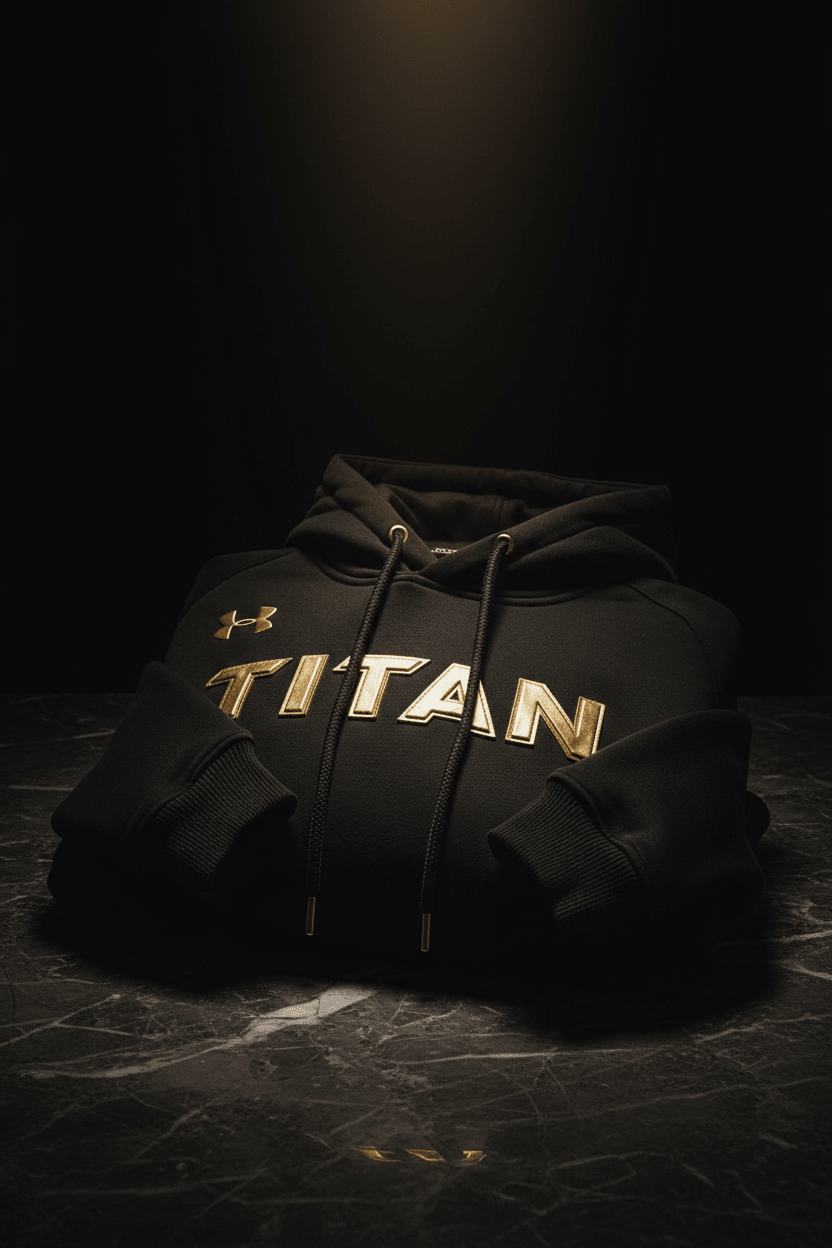 Black Titan Sherpa hoodie with gold Under Armour logo and TITAN lettering, featuring ribbed cuffs and gold aglets.