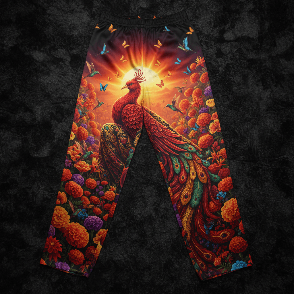 TITAN lounge pants featuring a vibrant phoenix, sun, marigolds, and hummingbirds in a rich orange and teal color palette.