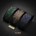 Three black TITAN yoga headbands with intricate green leaf, rose gold mandala, and blue tribal patterns.
