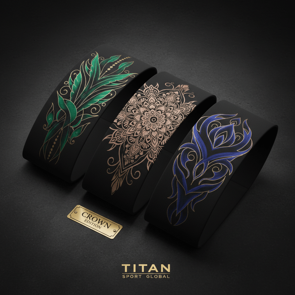 Three black TITAN yoga headbands with intricate green leaf, rose gold mandala, and blue tribal patterns.