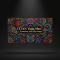 TITAN 6mm yoga mat featuring a vibrant, multicolored floral mandala pattern on a black background.