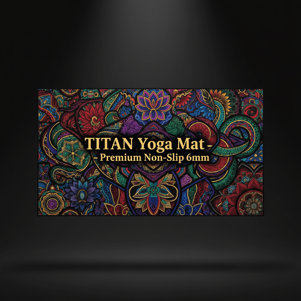 TITAN 6mm yoga mat featuring a vibrant, multicolored floral mandala pattern on a black background.