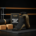 TITAN black toeless yoga socks with gold non-slip honeycomb grip soles, featuring 2-pack retail packaging and accessories.