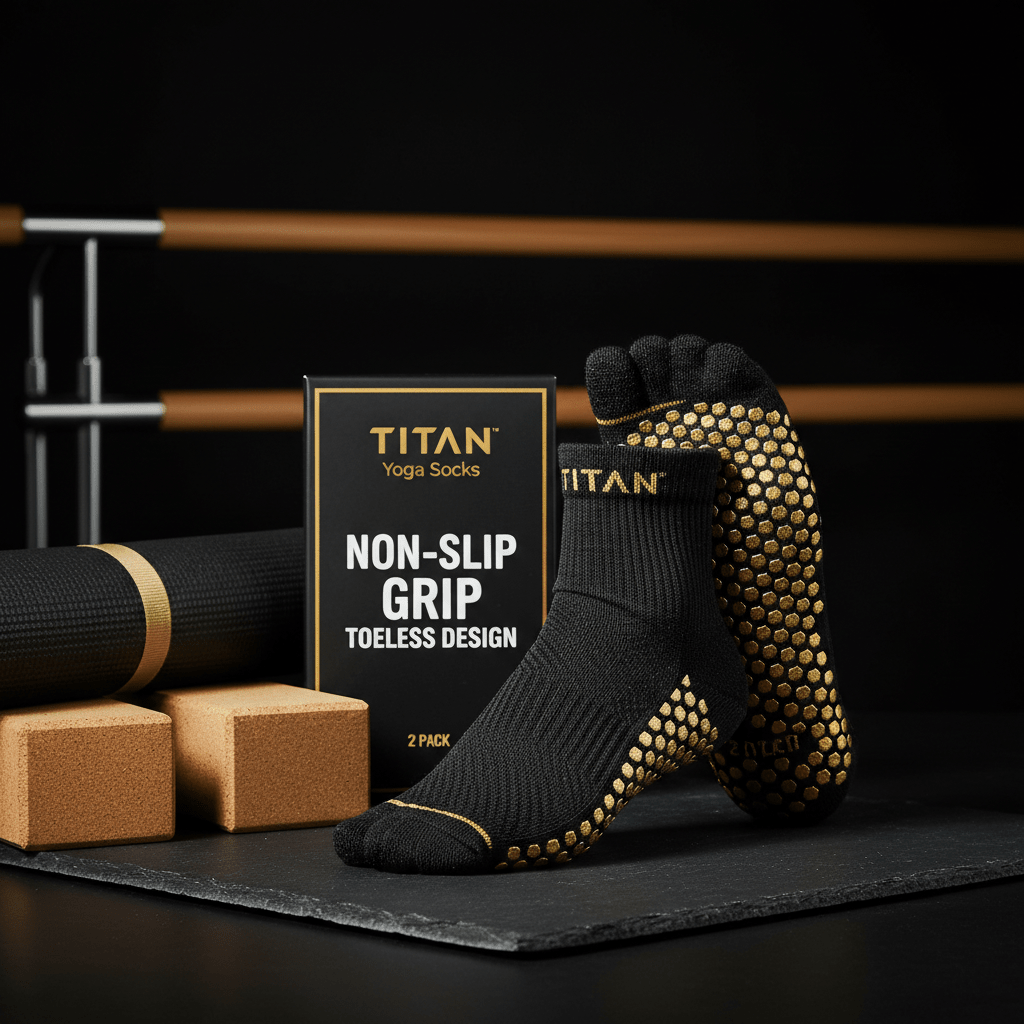 TITAN black toeless yoga socks with gold non-slip honeycomb grip soles, featuring 2-pack retail packaging and accessories.