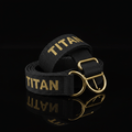 Black 8-foot cotton yoga strap with gold "TITAN" embroidery and gold D-ring buckle on a reflective black background.