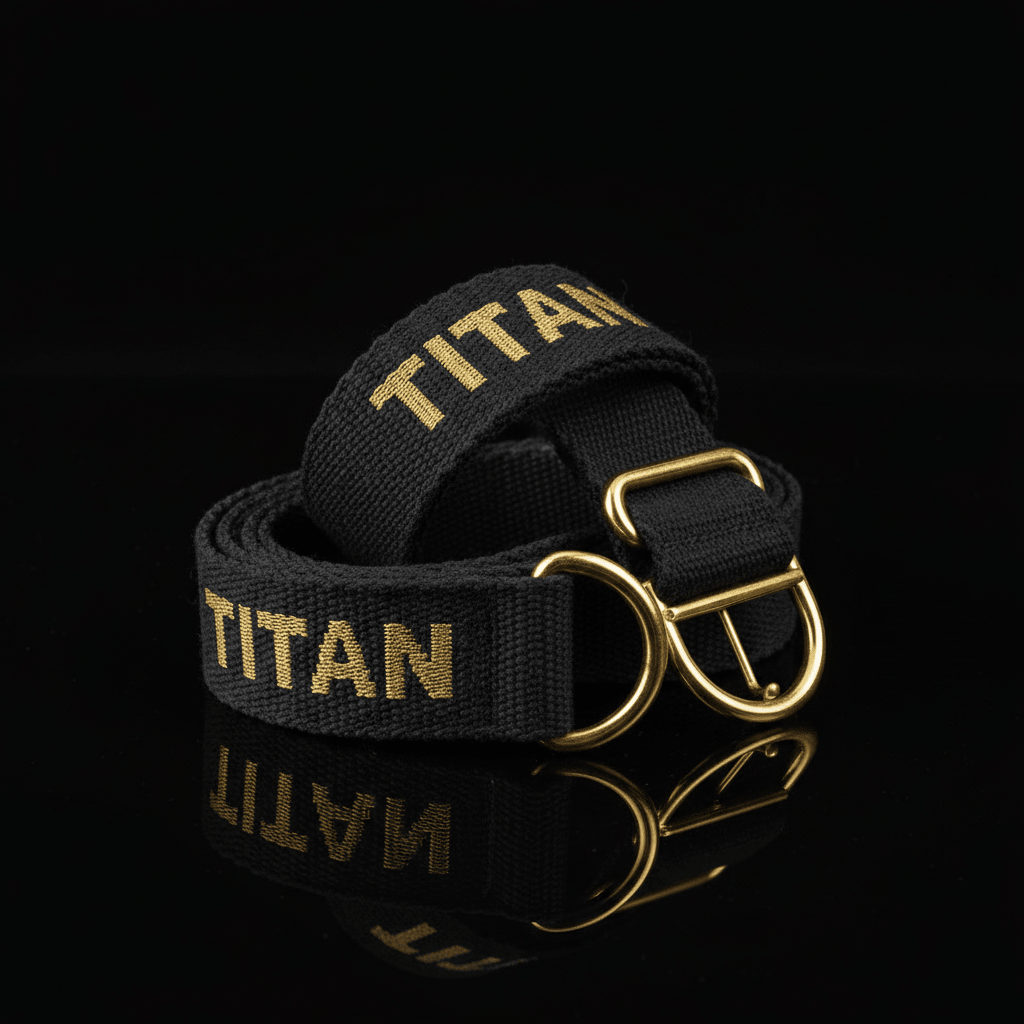 Black 8-foot cotton yoga strap with gold "TITAN" embroidery and gold D-ring buckle on a reflective black background.