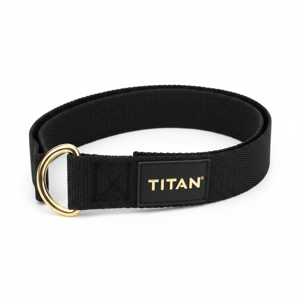 Black TITAN yoga strap with a polished gold D-ring and a branded black patch featuring gold lettering.
