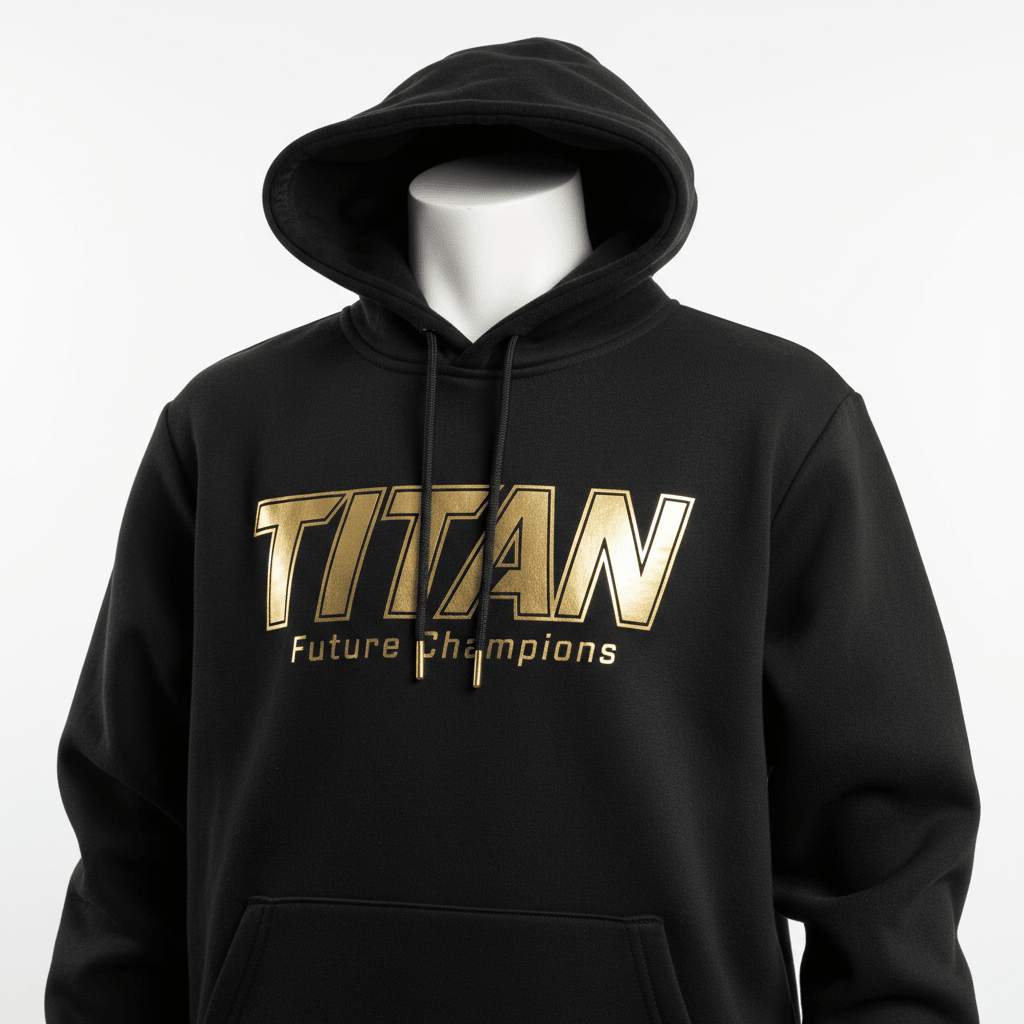 Black youth hoodie featuring gold metallic "TITAN Future Champions" chest graphic and matching gold-tipped drawstrings.