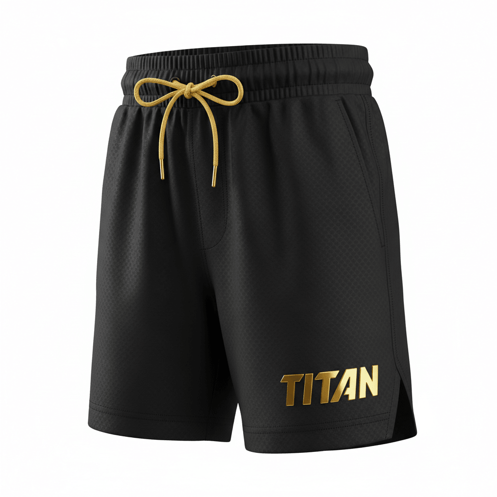 Black textured youth active shorts with an elastic waistband, gold drawstring, and a metallic gold TITAN logo.