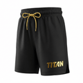 Black textured youth active shorts with an elastic waistband, gold drawstring, and a metallic gold TITAN logo.