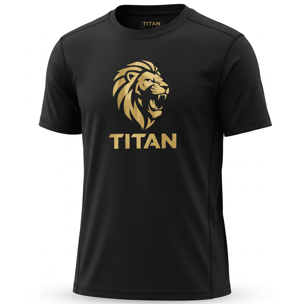 Black short-sleeve performance youth tee with a metallic gold lion logo and TITAN text centered on the chest.