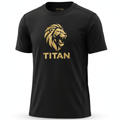 Black short-sleeve performance youth tee with a metallic gold lion logo and TITAN text centered on the chest.
