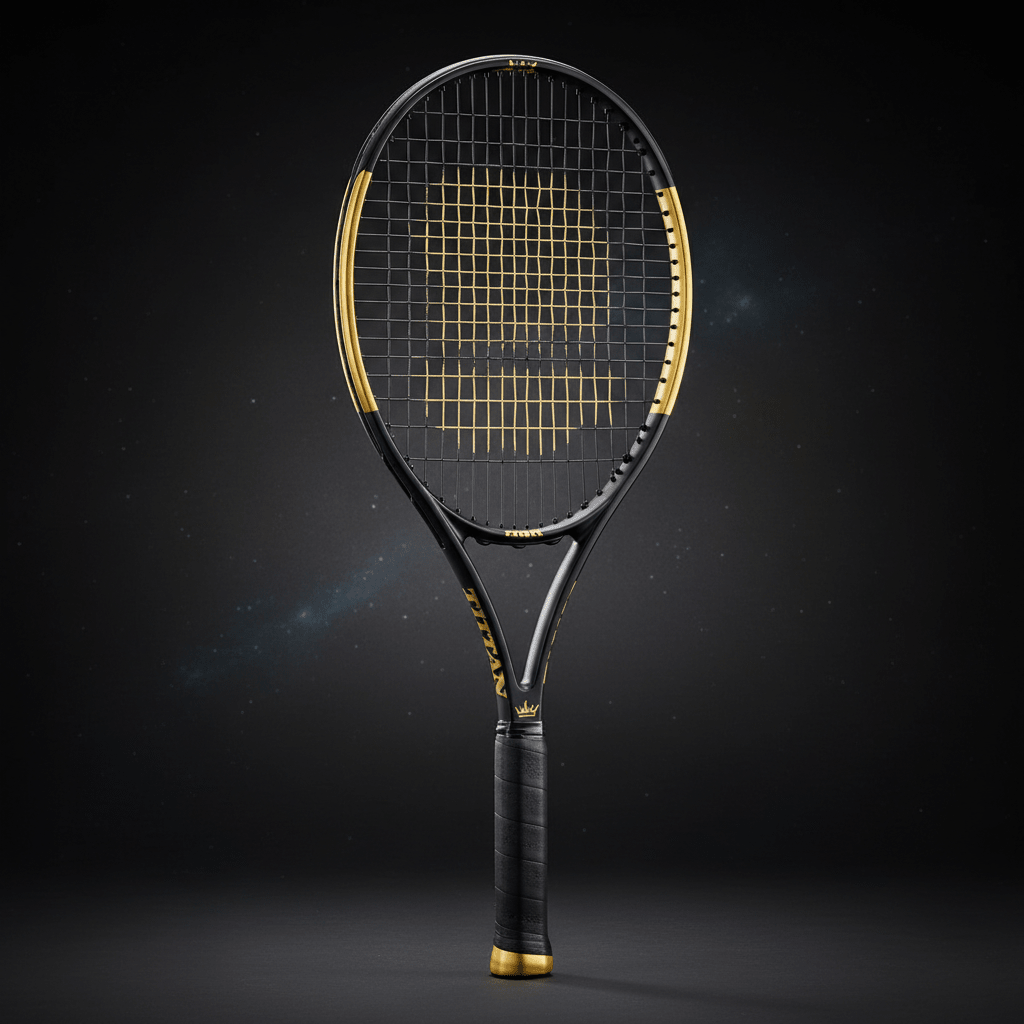 TITAN Youth Crown Edition tennis racket: sleek black frame with gold accents, crown logo, and gold-stenciled strings.