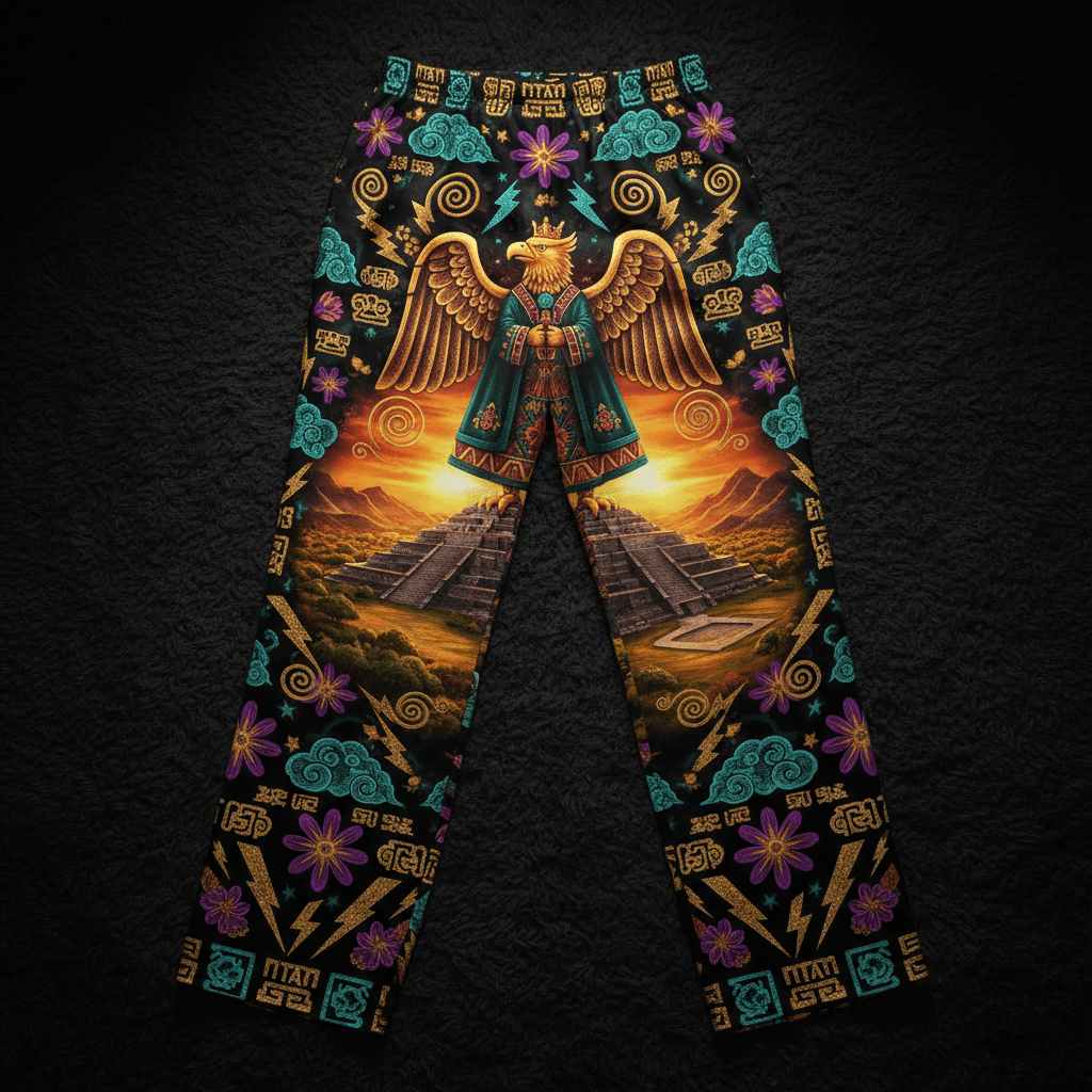Black lounge pants featuring a golden eagle in a crown, Aztec pyramids, colorful flowers, and lightning bolt patterns.