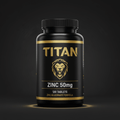 Black supplement bottle with gold lion logo, “TITAN” branding, and “ZINC 50mg” label on a dark background.