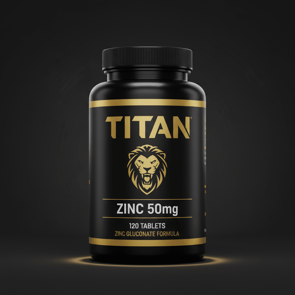 Black supplement bottle with gold lion logo, “TITAN” branding, and “ZINC 50mg” label on a dark background.
