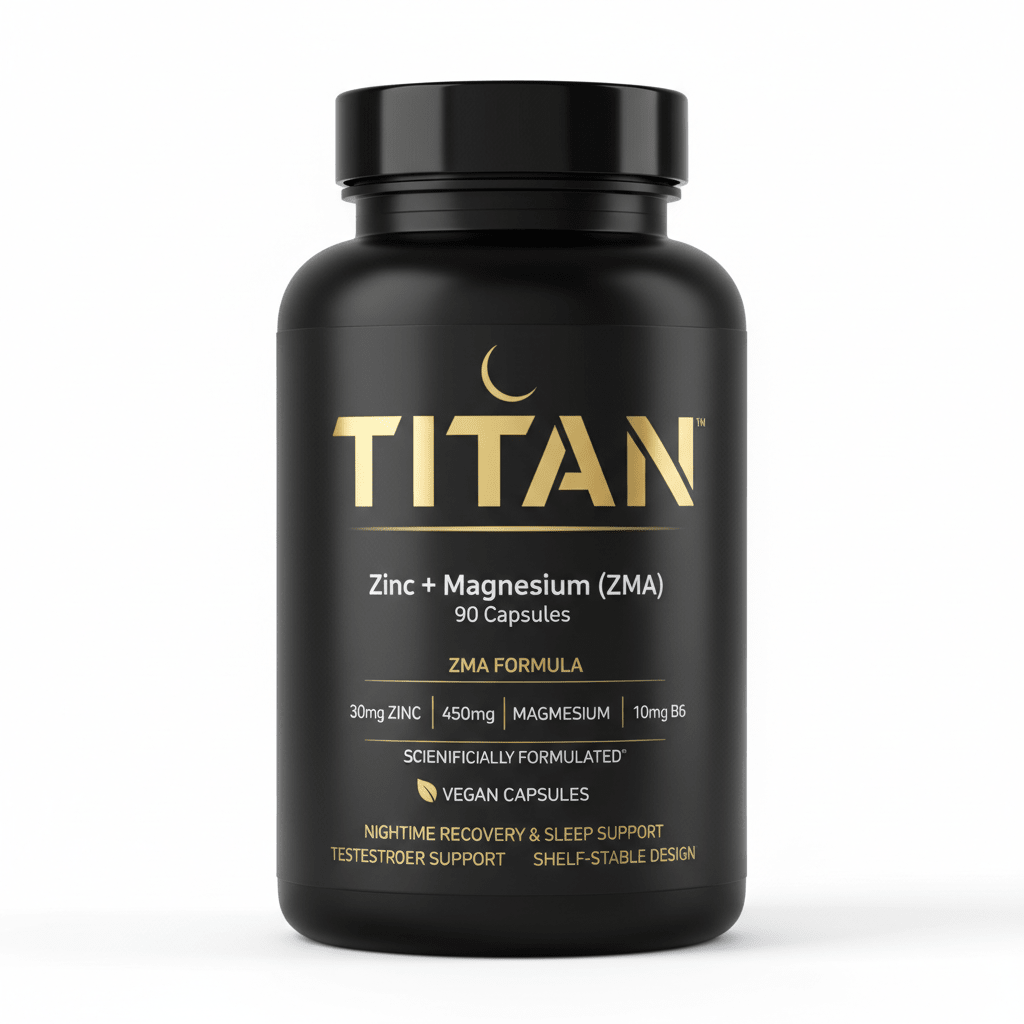 Black bottle of TITAN Zinc + Magnesium (ZMA) 90 capsules with gold text and moon logo on a white background.
