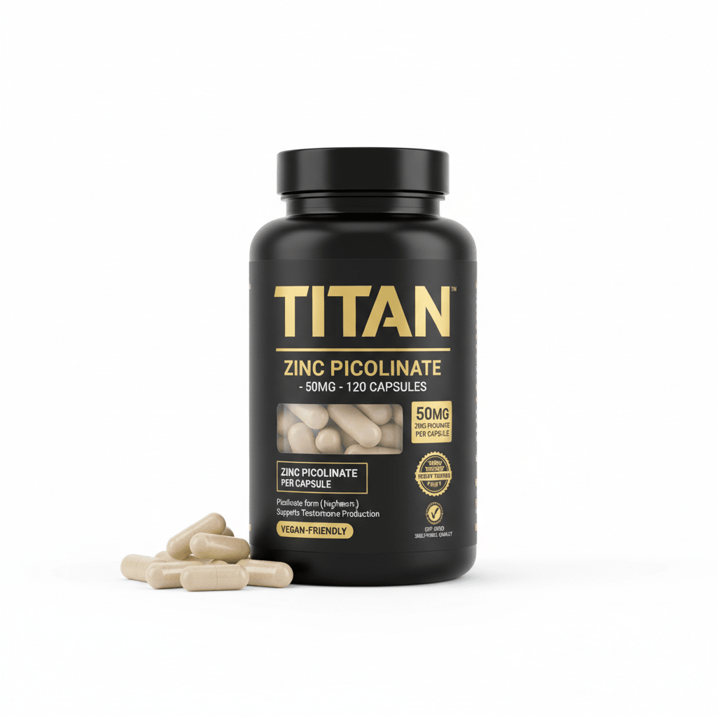 Black bottle of Titan Zinc Picolinate 50mg, 120 capsules, with gold text and a clear window showing tan capsules.