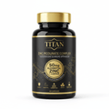TITAN Zinc Picolinate Complex bottle: black label with gold text, icons, and a metallic gold cap on white background.
