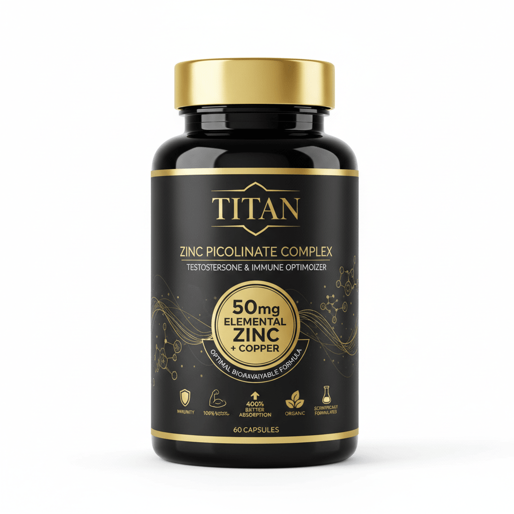 TITAN Zinc Picolinate Complex bottle: black label with gold text, icons, and a metallic gold cap on white background.