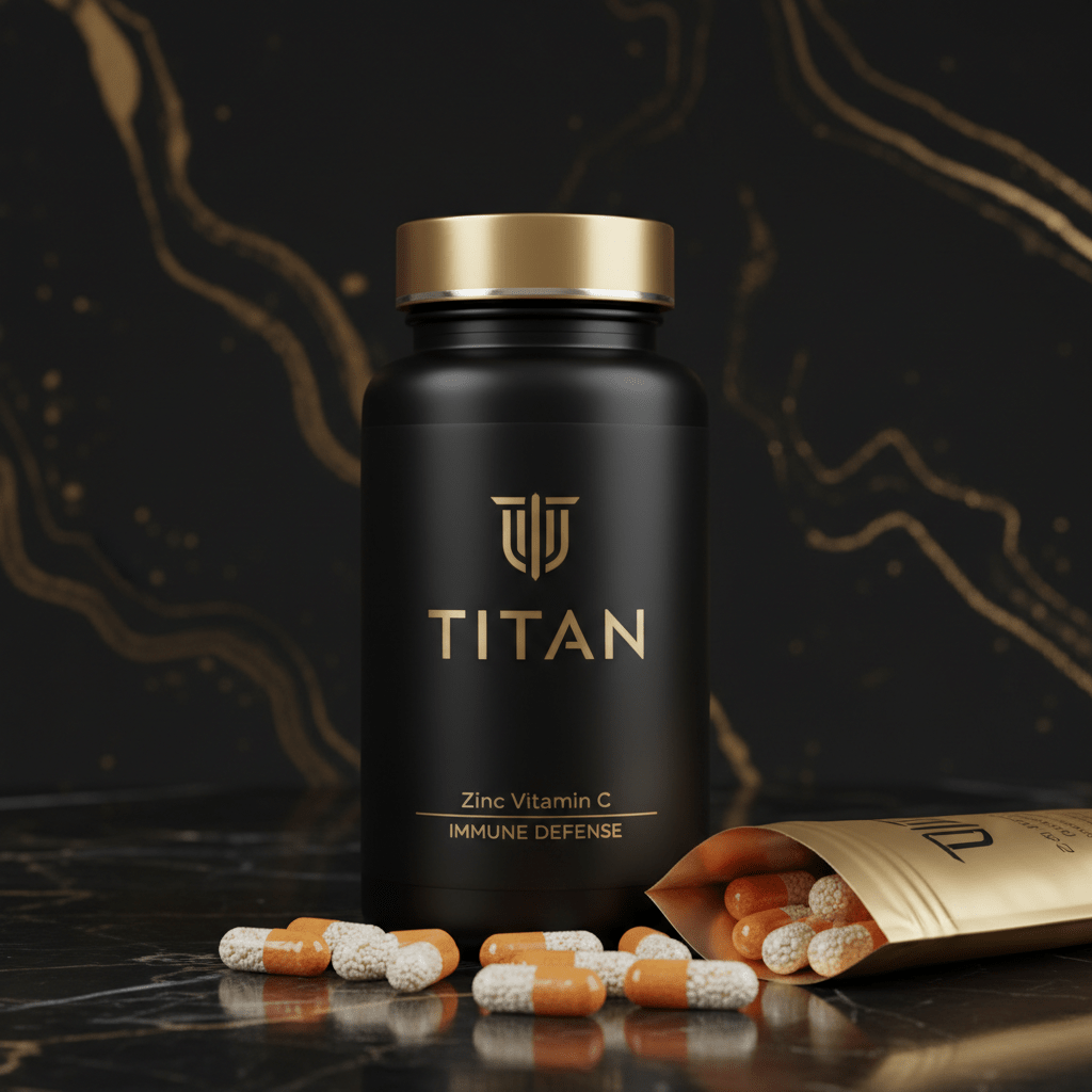 Matte black Titan Zinc + Vitamin C bottle with gold lid and logo, surrounded by orange and white capsules.