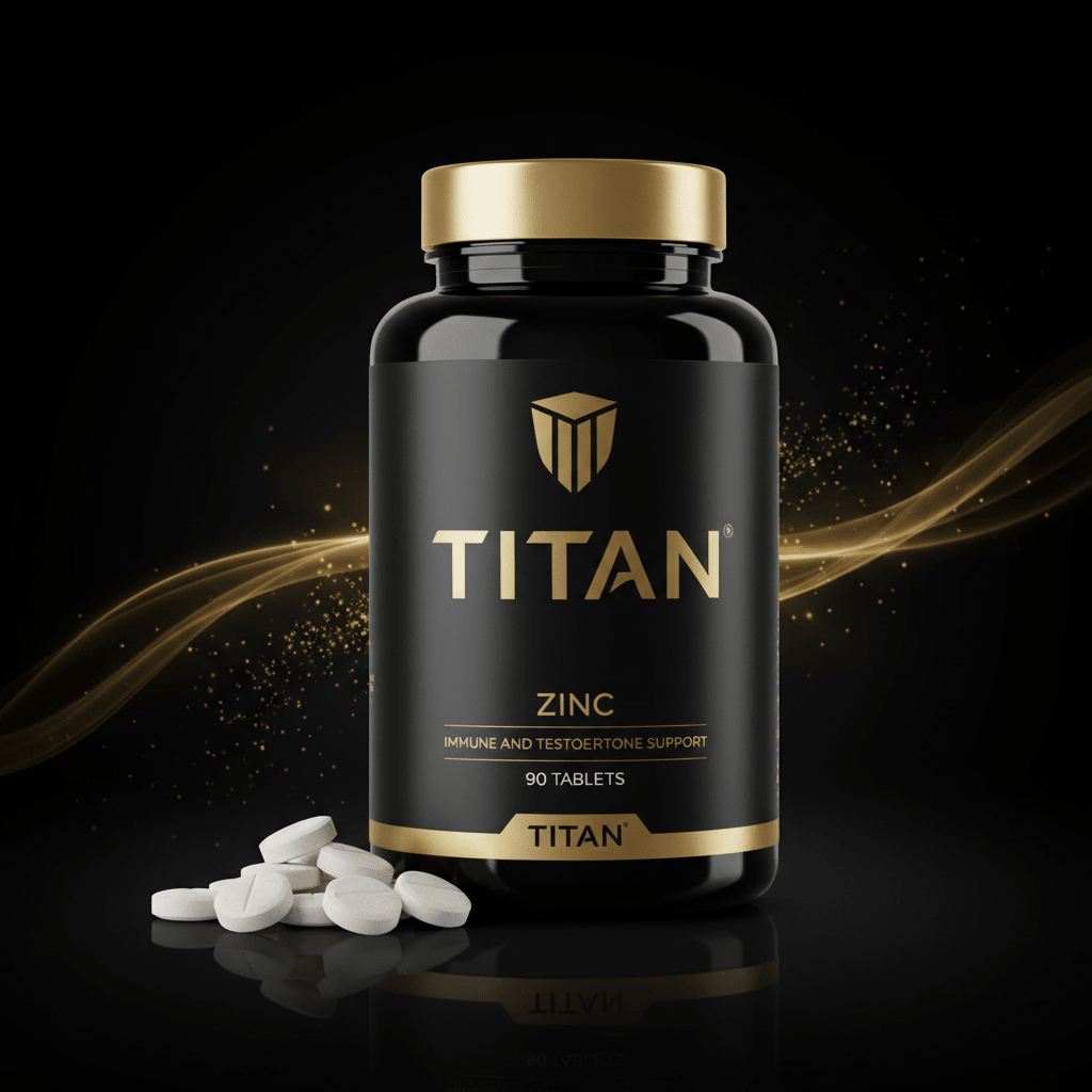 Black bottle of TITAN Zinc with gold logo and text, 90 tablets, on a dark background with elegant gold light trails.