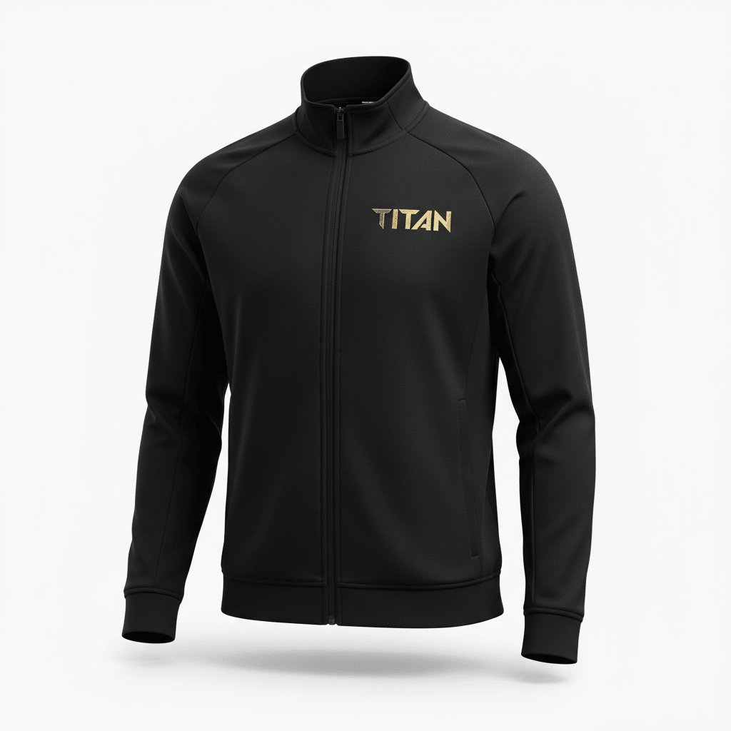 Black long-sleeve track jacket with high collar, full-length zip, and metallic gold TITAN logo on the left chest.