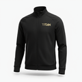 Black long-sleeve track jacket with high collar, full-length zip, and metallic gold TITAN logo on the left chest.