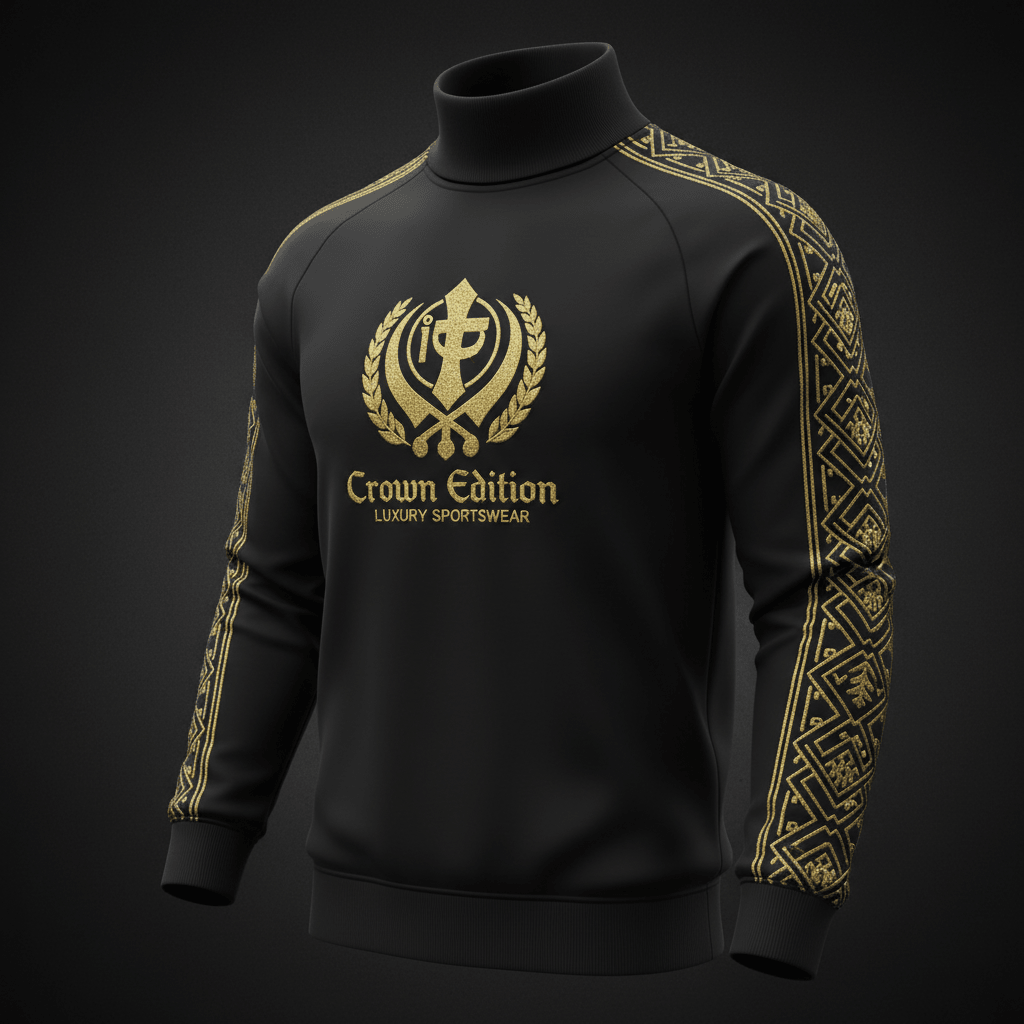 Black turtleneck with gold Khanda emblem, "Crown Edition" text, and geometric gold sleeve patterns.