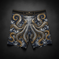 Navy swim trunks featuring a golden Kraken, sea waves, and a black "Crown Edition" waistband on a dark background.