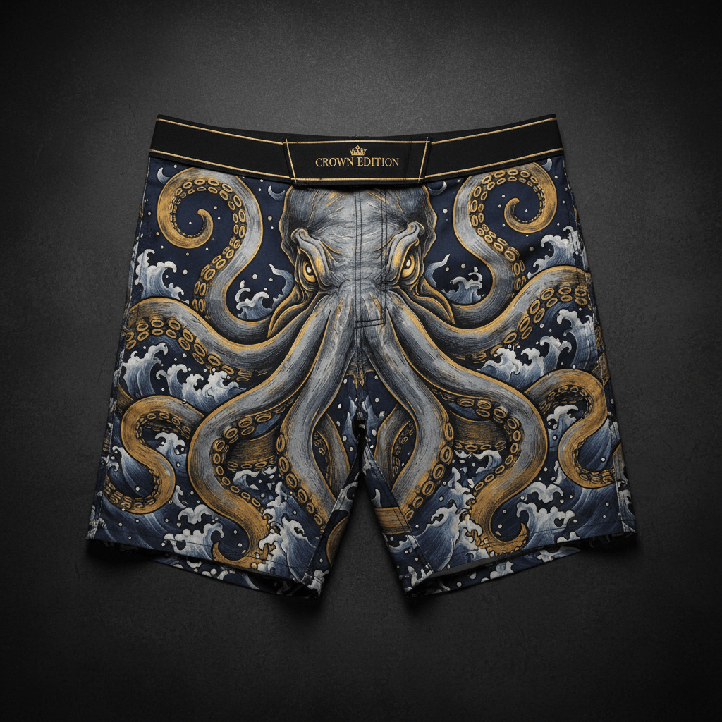 Navy swim trunks featuring a golden Kraken, sea waves, and a black "Crown Edition" waistband on a dark background.