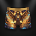 Gold-waisted boxer shorts featuring a golden Egyptian phoenix, pyramids, blue lotus flowers, and Crown Edition logo.