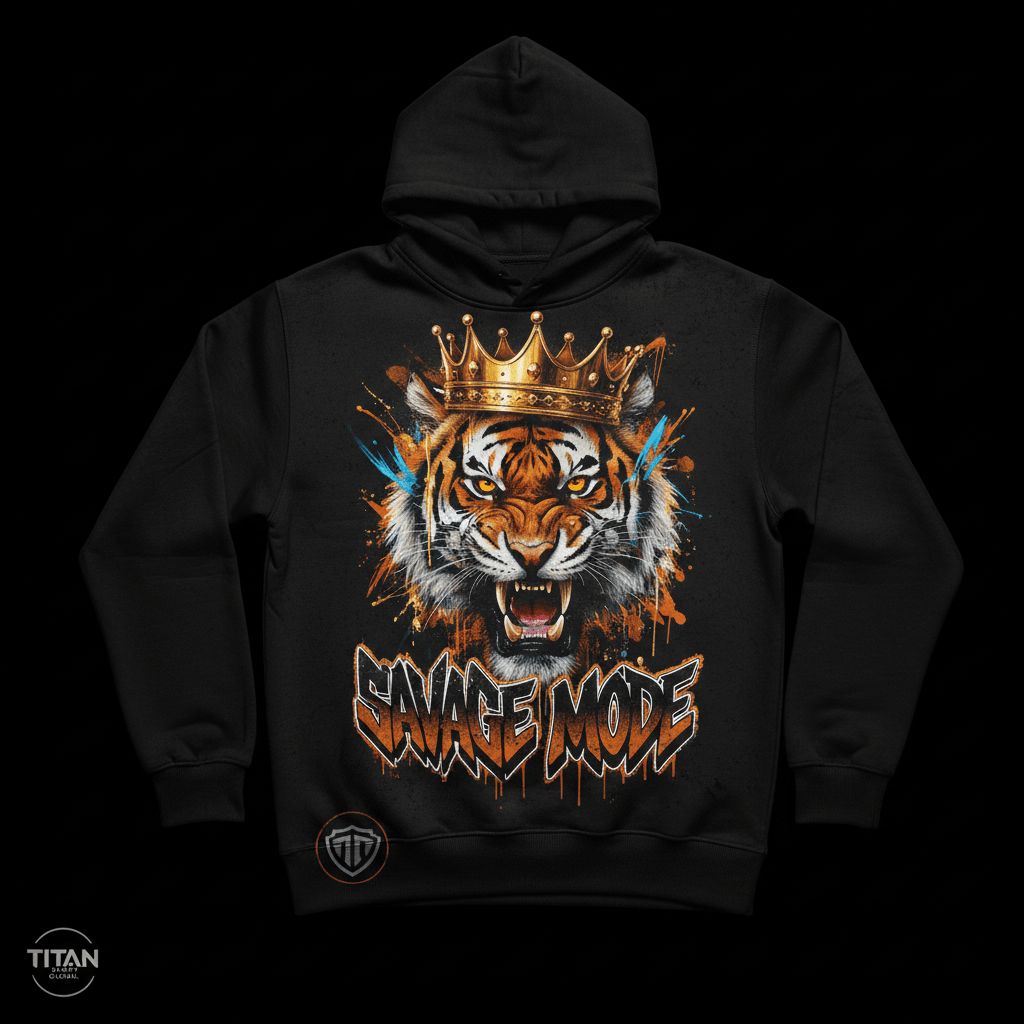 Black TITAN Sport Global hoodie featuring a roaring tiger with a gold crown and "SAVAGE MODE" graffiti text.