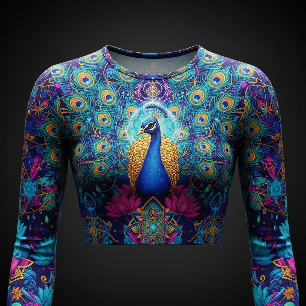 Long-sleeve crop top with vibrant neon peacock, mandala, and lotus print in blue, teal, magenta, and gold on black.